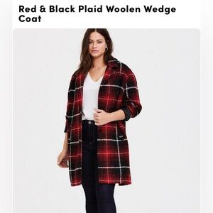 Torrid Red wedge coat textured buffalo plaid design.